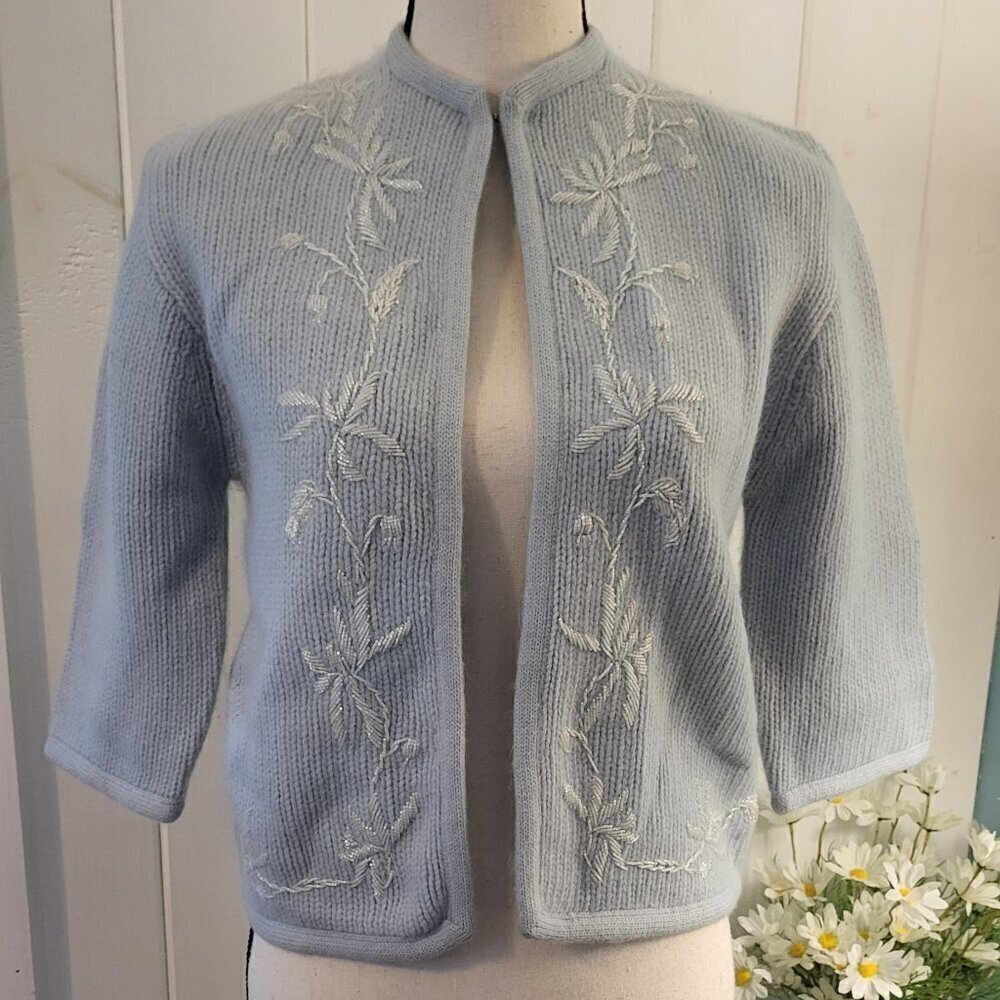 Vintage Ohrbachs Lambs Wool Angora Knit Open Front Cardigan Sweater